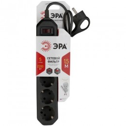 Удлинитель с сетевым фильтром 5х1.5м с заземл. 10А IP20 USF-5es-1.5m-B ПВС 3х0.75 с выкл. черн. Эра Б0019032