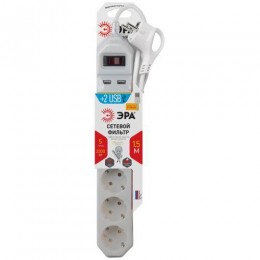 Удлинитель с сетевым фильтром 5х1.5м с заземл. 10А IP20 2хUSB ПВС 3х0.75 с выкл. бел. Эра Б0019037