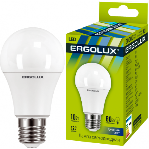 Лампа светодиодная LED-A60-10W-E27-6500K 10Вт грушевидная 6500К холод. бел. E27 180-240В ЛОН Ergolux 12879