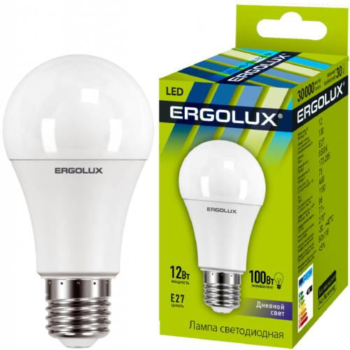 Лампа светодиодная LED-A60-12W-E27-6500K 12Вт грушевидная 6500К холод. бел. E27 180-240В ЛОН Ergolux 12880