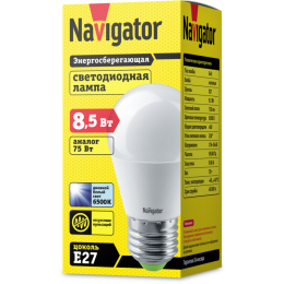 Лампа светодиодная 61 338 NLL-G45-8.5-230-6.5K-E27 8.5Вт шар матовая 6500К холод. бел. E27 730лм 176-264В Navigator 61338