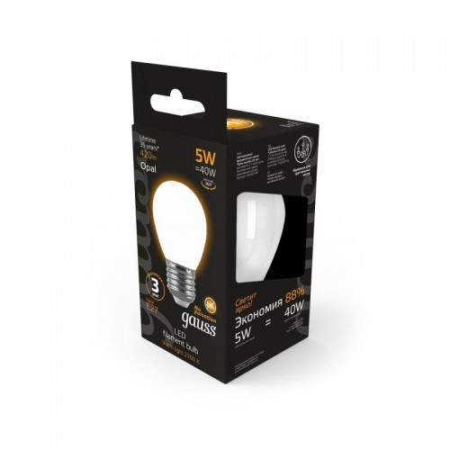 Лампа светодиодная филаментная Black Filament 5Вт P45 шар матовая 2700К тепл. бел. E27 420лм GAUSS 105202105
