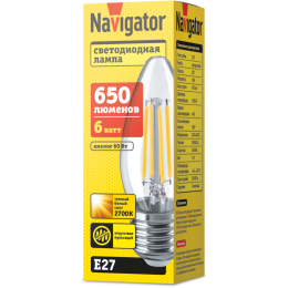 Лампа светодиодная 14 007 NLL-F-C35-6-230-2.7K-E27 6Вт свеча прозрачная 2700К тепл. бел. E27 650лм 220-240В Navigator 14007