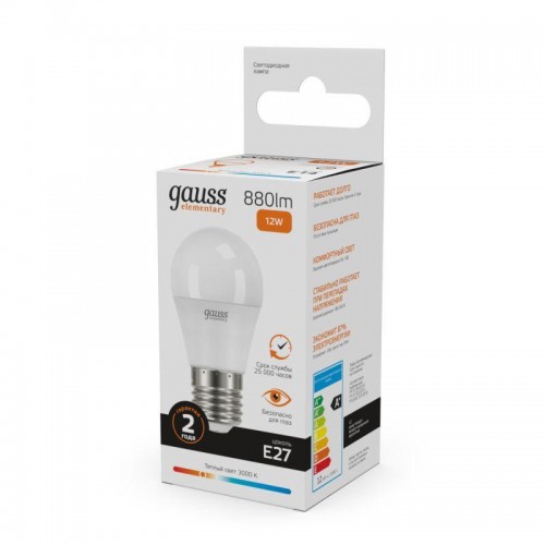 Лампа светодиодная Elementary 12Вт P45 шар 3000К тепл. бел. E27 880лм GAUSS 53212