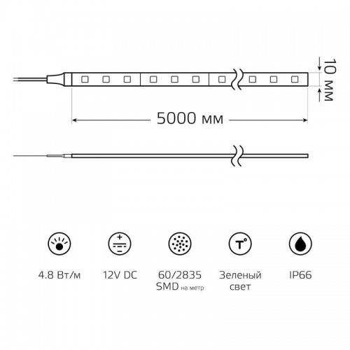 Лента светодиодная Elementary 2835/60-SMD 4.8Вт/м зел. IP66 210лм/м 12В 8мм (уп.5м) GAUSS 356000605