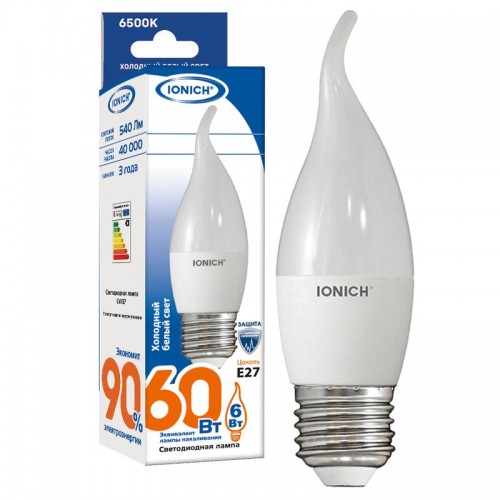 Лампа светодиодная ILED-SMD2835-CW37-6-540-220-6.5-E27 6Вт свеча на ветру 6500К холод. бел. E27 540лм 230-240В IONICH 1541
