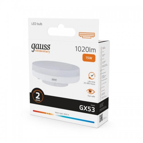 Лампа светодиодная Elementary 15Вт таблетка 3000К тепл. бел. GX53 1020лм GAUSS 83815