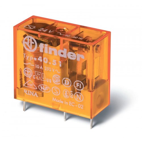 Реле миниатюрное универсальное электромеханич. монтаж на печатную плату или в розетку выводы с шагом 5мм 1CO 10А AgNi 24В AC/DC (бистабильная) RTII FINDER 405160240000