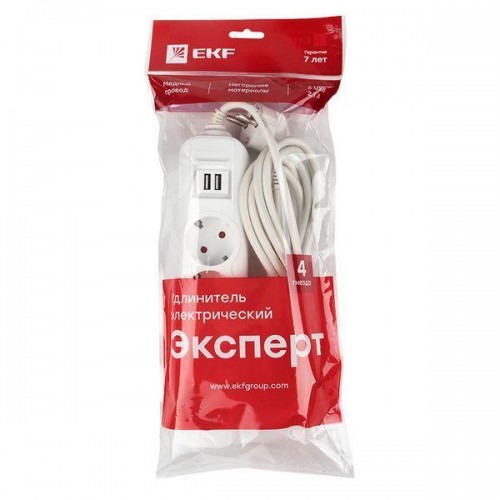 Удлинитель 4х3м 16А IP20 Эксперт 3.5кВт 2хUSB 2.1А ПВС 3х1 PROxima EKF UBA16-2USB-4-03i