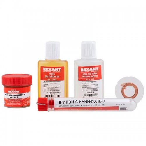 Набор для пайки К1 универсальный (припой флюс ПК флюс СКФ канифоль оплетка) Rexant 09-3740