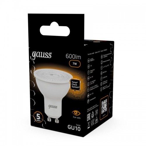 Лампа светодиодная Black 7Вт MR16 софит 3000К тепл. бел. GU10 600лм GAUSS 101506107