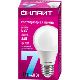 Лампа светодиодная 61 139 OLL-A60-7-230-6.5K-E27 7Вт грушевидная 6500К холод. бел. E27 700лм 176-264В ОНЛАЙТ 61139