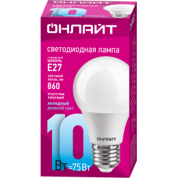 Лампа светодиодная 61 140 OLL-A60-10-230-6.5K-E27 10Вт грушевидная 6500К холод. бел. E27 1000лм 176-264В ОНЛАЙТ 61140