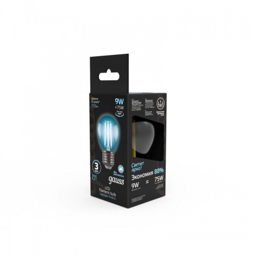 Лампа светодиодная филаментная Black Filament 9Вт P45 шар 4100К нейтр. бел. E27 710лм GAUSS 105802209