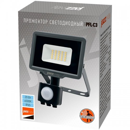 Прожектор светодиодный PFL-C3 SENSOR 20Вт 6500К IP65 ДО закален. прозр. стекло датчик движения инфракрасный Pro JazzWay 5026926A