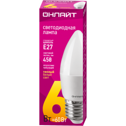 Лампа светодиодная 71 630 OLL-C37-6-230-2.7K-E27-FR 6Вт свеча 2700К тепл. бел. E27 450лм 220-240В ОНЛАЙТ 71630
