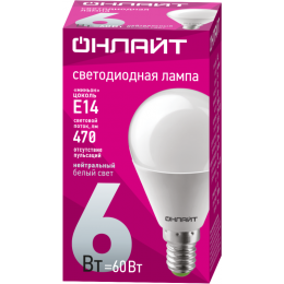 Лампа светодиодная 71 644 OLL-G45-6-230-4K-E14 6Вт шар 4000К нейтр. бел. E14 470лм 220-240В ОНЛАЙТ 71644