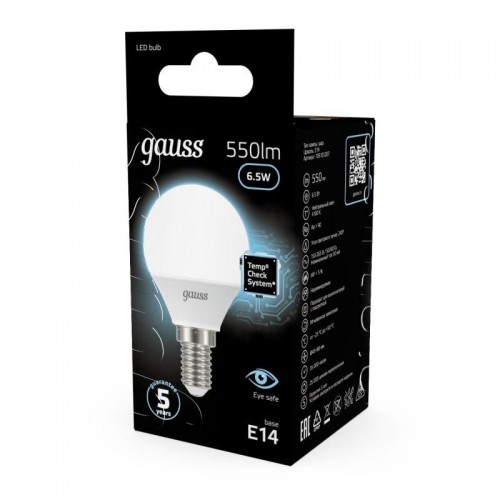 Лампа светодиодная Black 6.5Вт P45 шар 4100К нейтр. бел. E14 550лм GAUSS 105101207