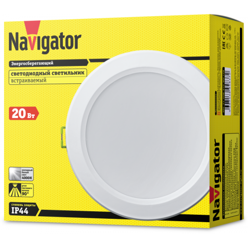 Светильник светодиодный 94 837 NDL-P1-20W-840-WH-LED 20Вт 4000К IP44 1650лм 176-264В (аналог Downlight КЛЛ 2х18) Navigator 94837