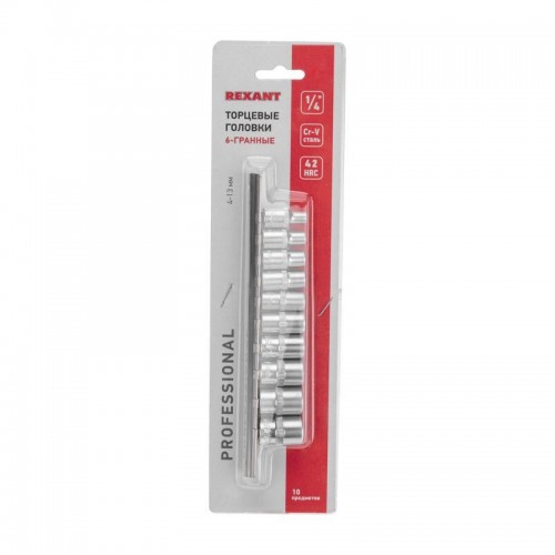 Набор торцевых головок 1/4 шестигранные CrV 10шт 4-13мм Rexant 12-8316