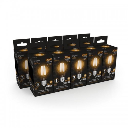 Лампа светодиодная филаментная Black Filament 20Вт A60 грушевидная 2700К тепл. бел. E27 1800лм GAUSS 102902120