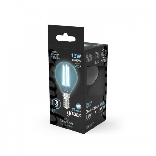 Лампа светодиодная филаментная Black Filament 13Вт P45 шар 4100К нейтр. бел. E14 1150лм GAUSS 105801213