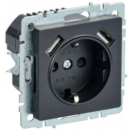 Розетка BRITE РЮш10-2-БрЧ 16А с USB A+A 3.1А с заземл. защ. шторки механизм черн. IEK BR-R14-16-U21-D31-K02