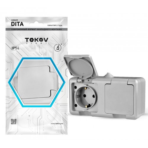 Розетка 2-м ОП Dita 16А IP54 250В с заземл. с крышкой сер. TOKOV ELECTRIC TKL-DT-R2Z-C06-IP54