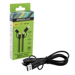 Кабель 4 в 1 USB/Type C-Type C/Lightning 5А 60Вт 1.2м З+ПД коробка черн. Ergolux 15248