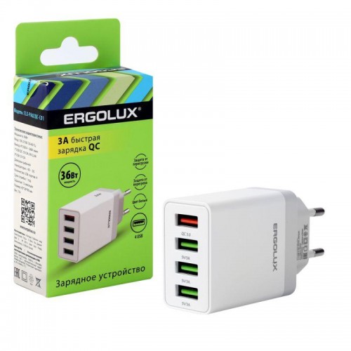 Адаптер сетевой ELX-РA02QC-C01 36Вт 4USB 100-220В 5-9В/3А 1QC+3/3А коробка бел. Ergolux 15292