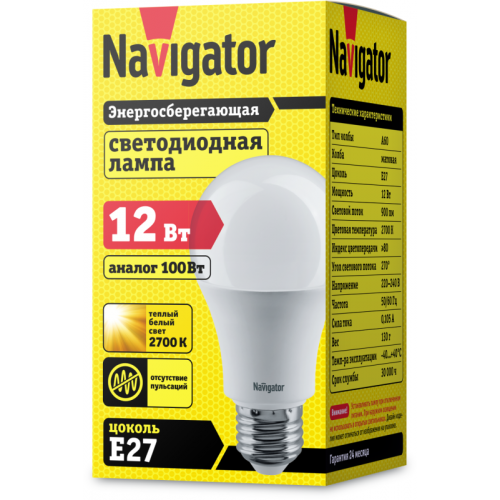 Лампа светодиодная 71 296 NLL-A60-12-230-2.7K-E27 (Standard) 12Вт грушевидная 2700К тепл. бел. E27 900лм 176-264В Navigator 71296