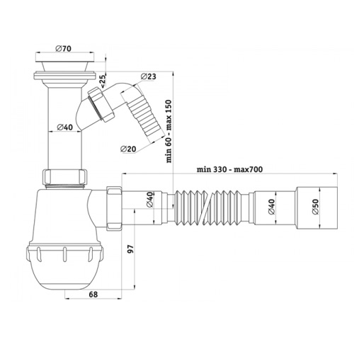B1020 Сифон для раковины 1½"х40 с отводом для стир. маш. и гофротрубой 40х50