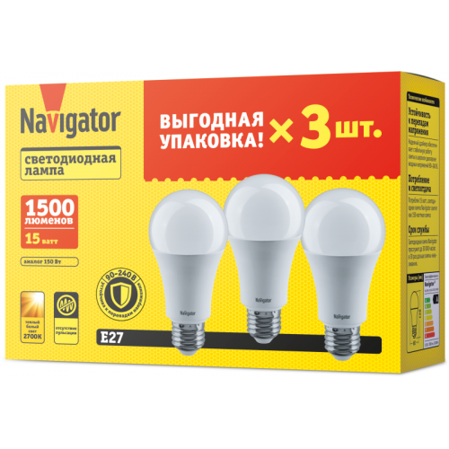 Лампа светодиодная 95 320 NLL-A60-15-230-2.7K-E27-PACK3 NAVIGATOR 95320