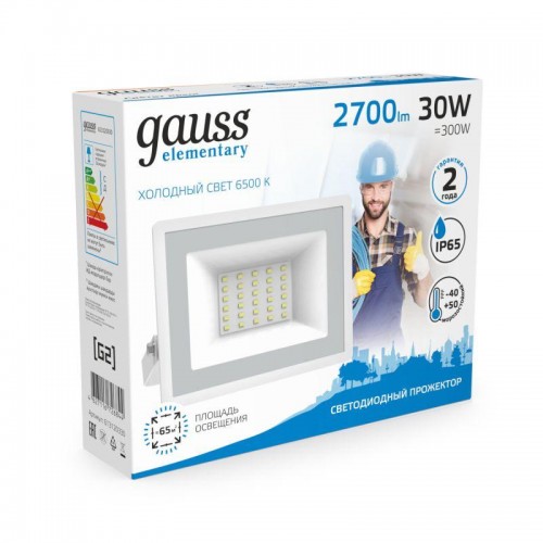 Прожектор светодиодный Elementary 30Вт 6500К IP65 2700лм 200-240В ДО бел. GAUSS 613120330