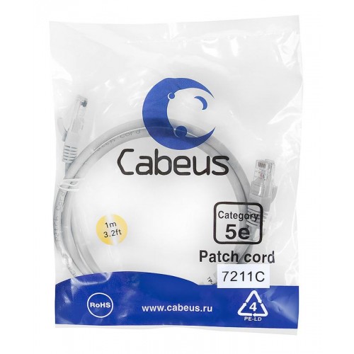 Патч-корд U/UTP кат.5E PC-UTP-RJ45-Cat.5e-1m 2хRJ45/8p8c неэкранир. PVC 1м сер. Cabeus 7211c