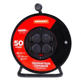 Удлинитель на метал. катушке 4х50м с заземл. IP44 КГ 3х2.5кв.мм с выключателем с защ. крышками Rexant 13-5016