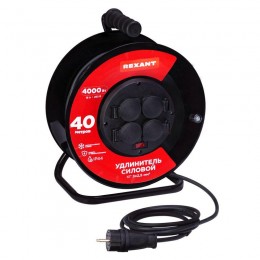 Удлинитель на метал. катушке 4х40м с заземл. IP44 КГ 3х2.5кв.мм с выключателем с защ. крышками Rexant 13-5015