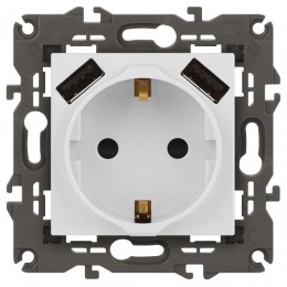 Розетка Elegance 14-4109-01М 16A 250В 2P+E защ. штор. с 2xUSB 3А 5В матов. бел. Эра Б0065773
