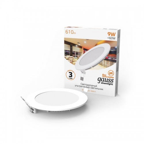 Светильник светодиодный Slim 9Вт 3000К IP20 610лм 220-240В ДВО круг бел. GAUSS 939111109